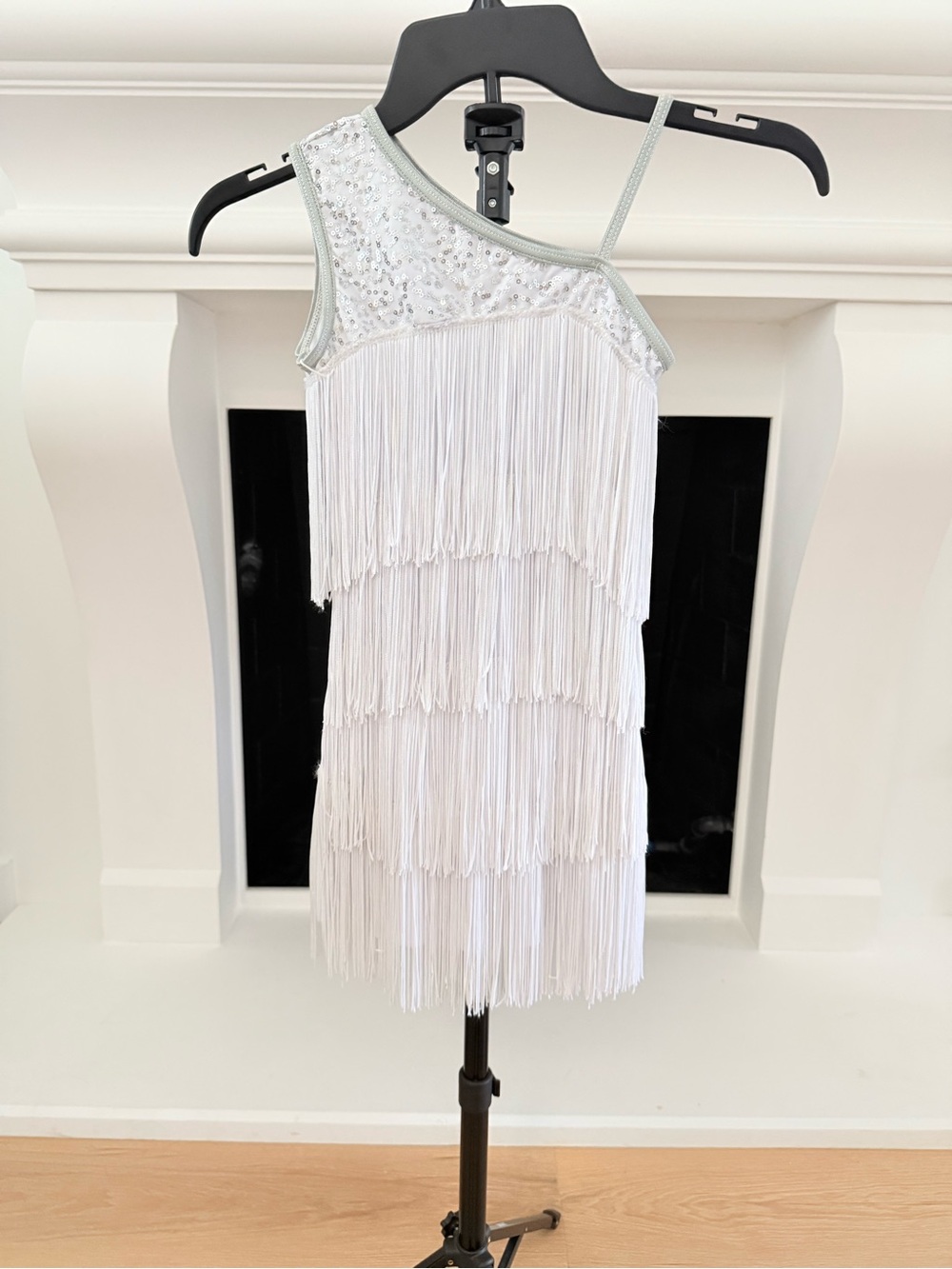 balera White One-Shoulder Fringe Sequin Performance Dress